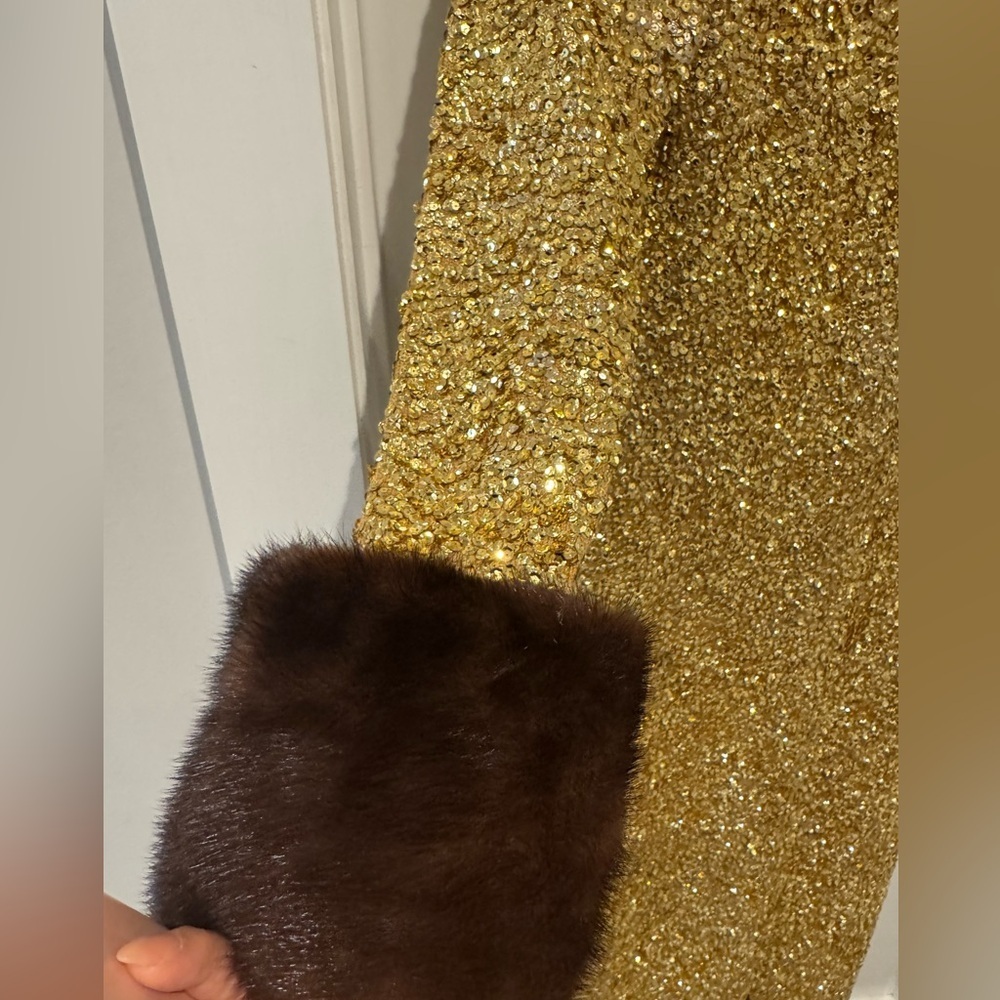 1960s Gene Shelly's Gold Sequin Keyhole Long Bell Sleeve Vintage Wool 60s Gown - Picture 8 of 17
